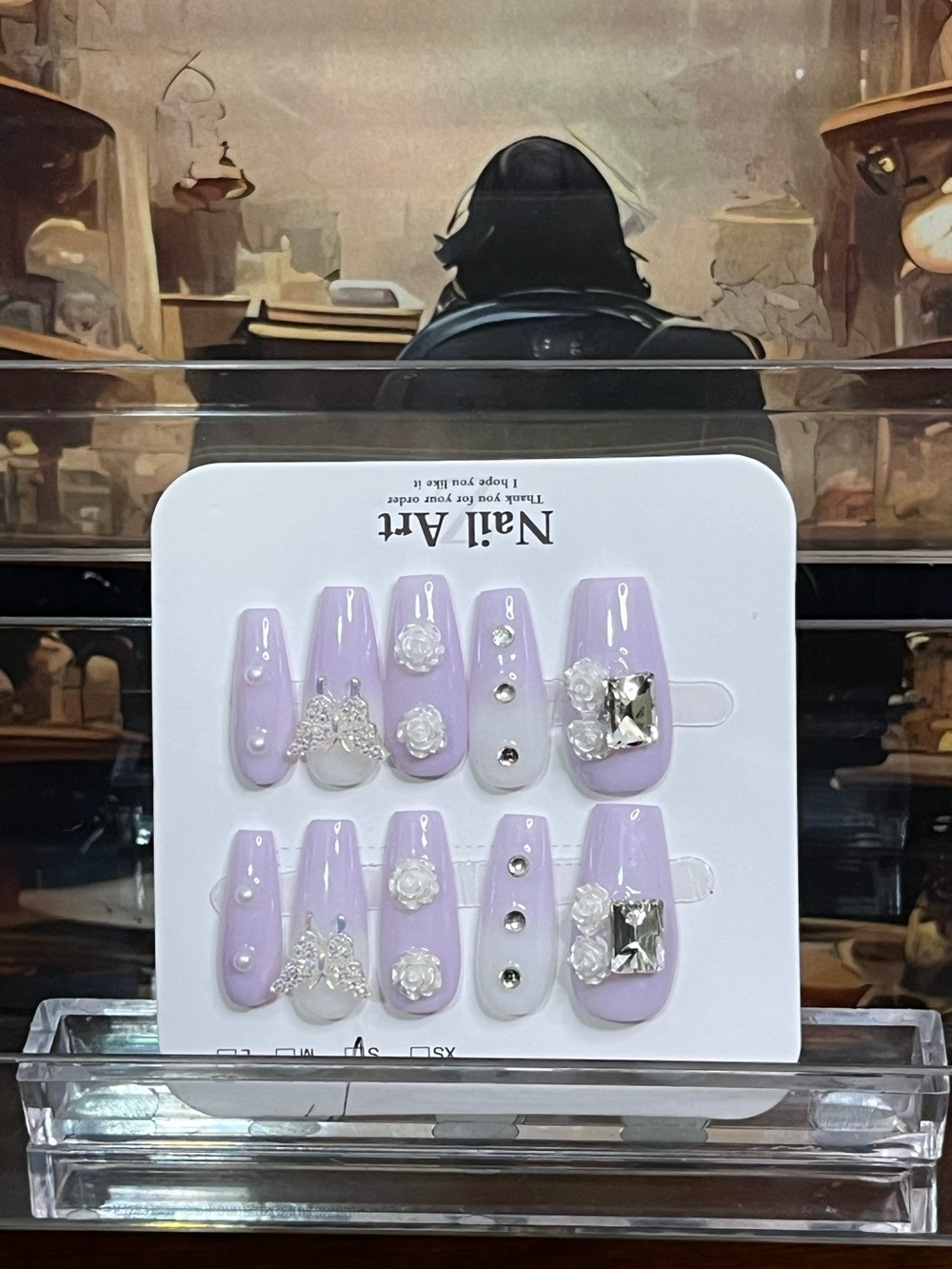 Nail Art Press-On Set — Lavender Floral & Crystal Accents coffin